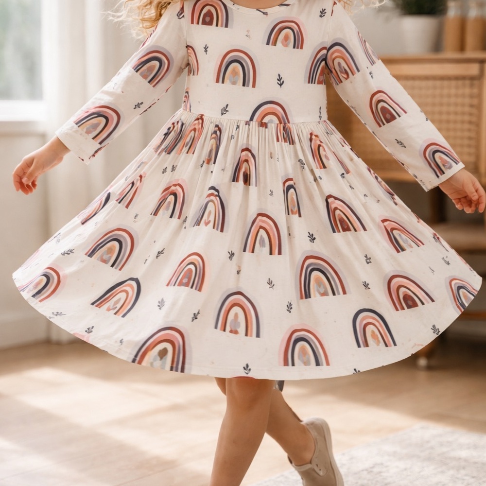 Mila & Rose 3/4 Sleeve Twirl Dress Rainbow Print Dress Neutral Colors